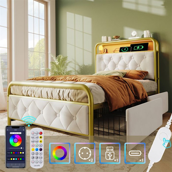 Säng vuxen 90x200cm med USB Type C-laddningsfunktion APP-styrd LED Säng med stoppning - 2 lådor - sammet - vit Vit