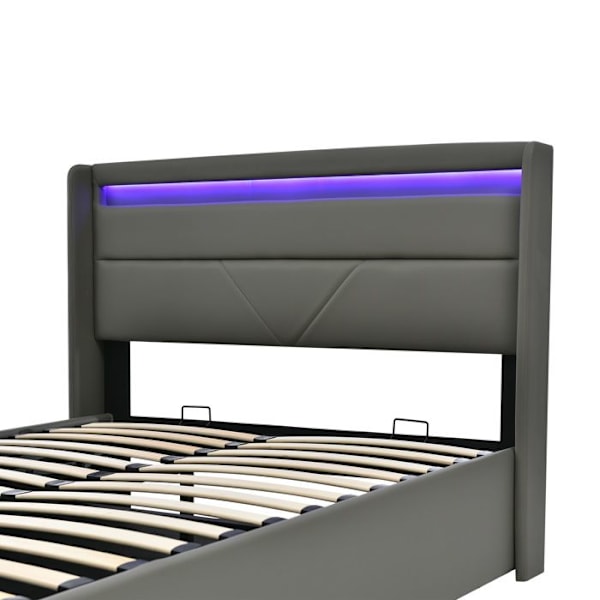 Lit vuxen 160x200 cm med LED-belysning, hydrauliskt lyftbart förvaringsutrymme, PU, Grå Grå