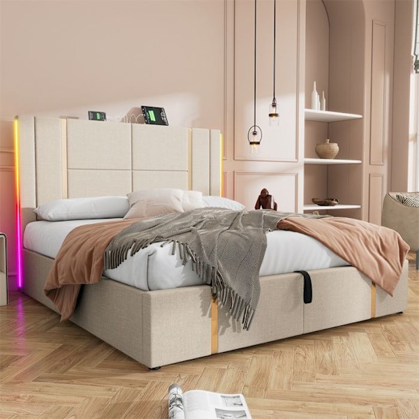 Lits med förvaring 140x200 cm - Beige - Polstrad - LED RGB - USB- och Type-C-portar - Modern design Beige