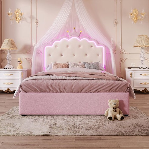 Litflicka 140x200cm vadderad med lådor och sänglampa 90x190cm - Barnsäng med krona och LED - Syntetläder - Rosa Rosa