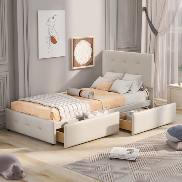 Lit med stoppat huvudgavel 90x200 cm, säng med ribbotten och två lådor, mjukt sammetstyg för huden, barnsäng, enkel säng, beige Beige