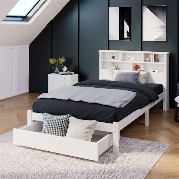 Säng 90x200cm - Massivt trä - Vit - Förvaringslåda - Bibliotekshuvudgavel - Vuxen Vit
