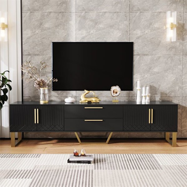 Elegant svart TV-möbel - 4 texturerade graverade dörrar och 2 lådor - Guldhandtag och fötter - 170x40x53cm Svart