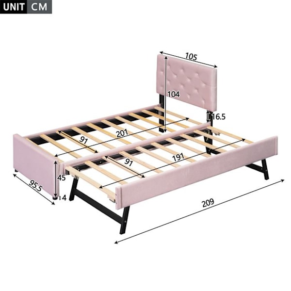 Lit Simple 90x200 cm med Lit Gigogne 90x190 cm, Polstret Säng med ribbotten, Fällbara Ben, Sammet, rosa Rosa