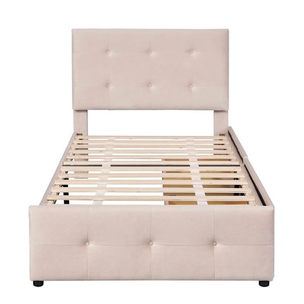 Inbäddad säng 90x200cm med ribbotten och två lådor, mjukt sammetstyg för huden, Barnsäng, Enkelsäng, Mörk beige Mörk beige