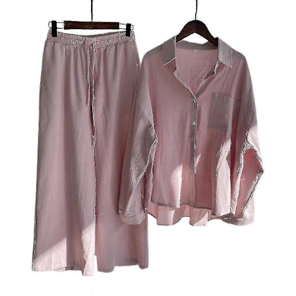 Afslappet 2-delt blusesæt til kvinder, bomuld og linned, langærmet skjorte med knapper + lounge sæt med brede ben, pink Pink M