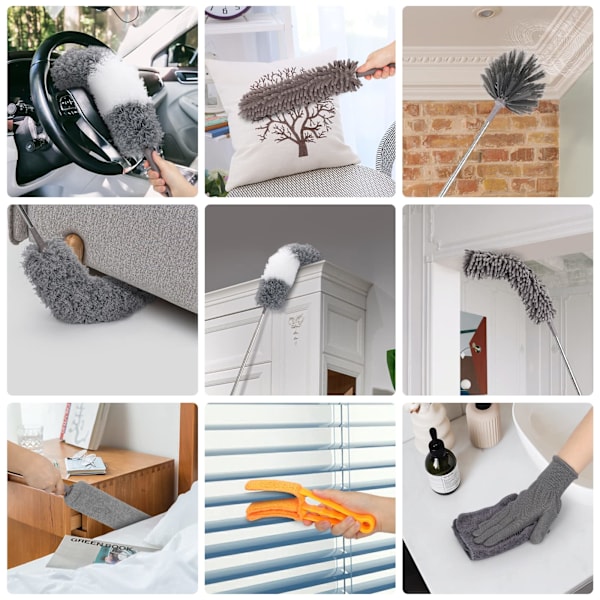 Mikrofiber Støvbørste Udtrækkelig Støvopsamler Multifunktionel Støvsamler til Rengøring af Højt Loft, Persienner, Møbler, Biler 7pcs