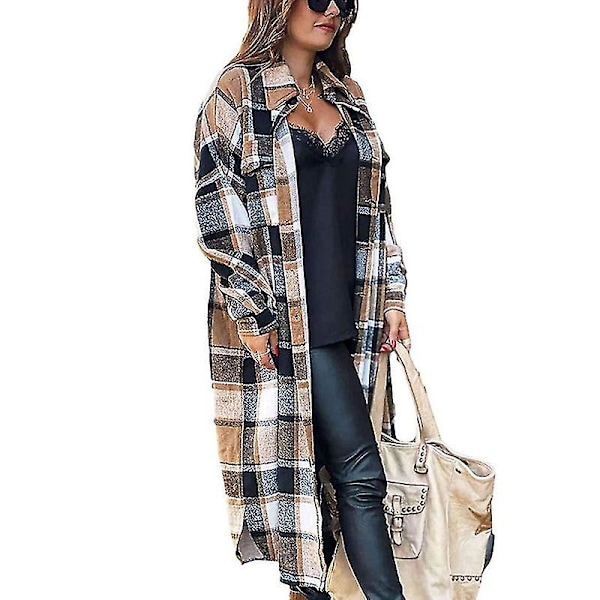 Långärmad ytterkläder för dam, varm vinterjacka, skjortjacka med knappar, shacket-jackor, Khaki Khaki XL