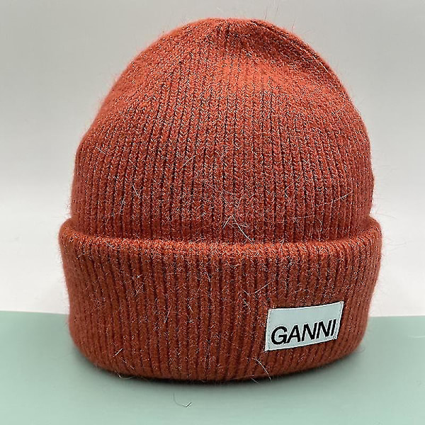 Stickad Herr Dam Ganni Vinter Varm Cap Manschettstickad Stretch Beanie Hatt f Brick red