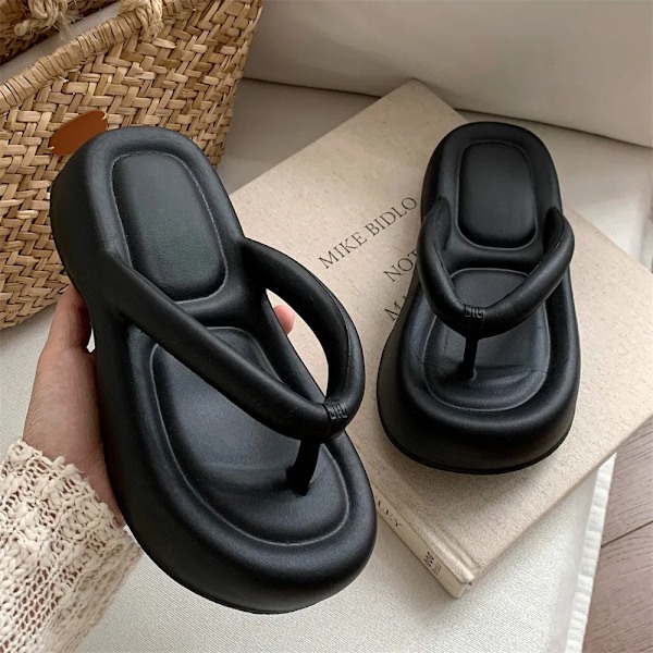 EVA tykksåle slippers for kvinner med sildebensmønster høye anti-skli sandaler strandsko sommer mote myke clip-on flip-flops svart black 36-37(foot22.5-23cm)