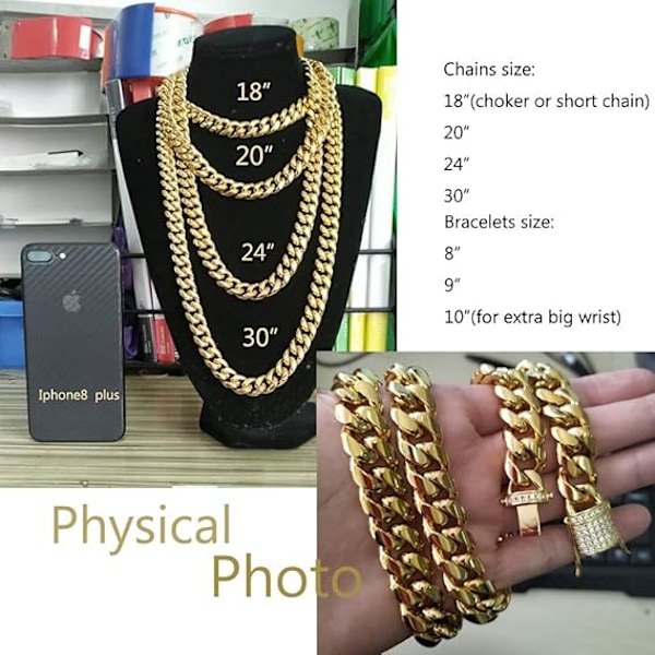 Miami Cuban Link-kedja för män i 18K guld 15mm rostfritt stål med CZ diamantchoker (20.0 tum)