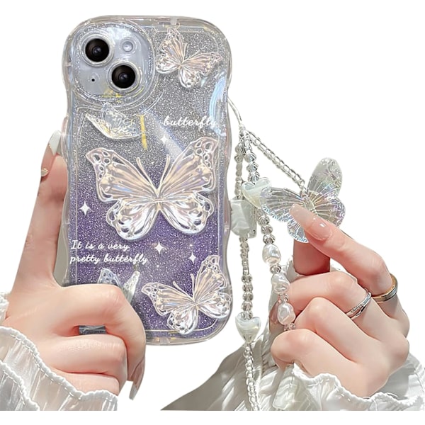Kompatibel med iPhone for kvinner/jenter, søt sommerfugl glitter bling med armbånd anti-ripes støtsikker etui for iPhone, lilla med armbånd lilla Purple iPhone 13 Mini