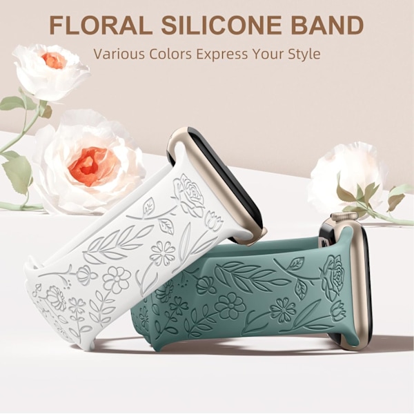 Blomstergravert rem kompatibel med Apple Watch armbånd 38mm 40mm 41mm for kvinner, erstatningsrem for iWatch Series SE 9 8 7 6 5 4 3 2 1, Hvit White