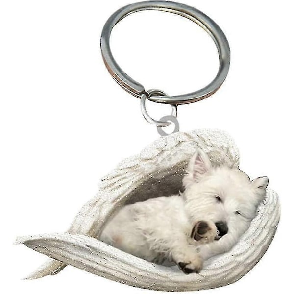 2 stk. Engel Sovende Hund Akryl Nøkkelringer Anheng Hjemmeinnredning Ornamenter Skrivesaker Gaver-WELLNGS White-West Highland