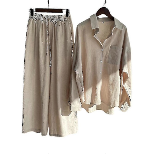 Afslappet 2-delt blusesæt til kvinder, bomuld og linned, langærmet skjorte med knapper + lounge sæt med brede ben, abrikos Apricot 2XL