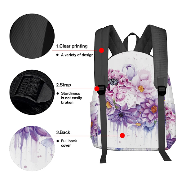 Akvarelli Violetti Kukka Perhonen Reput Teini-ikäisille Opiskelijoille Koululaukut Kannettavan Tietokoneen Reppu Miehille Naisille Matkailuun style 10