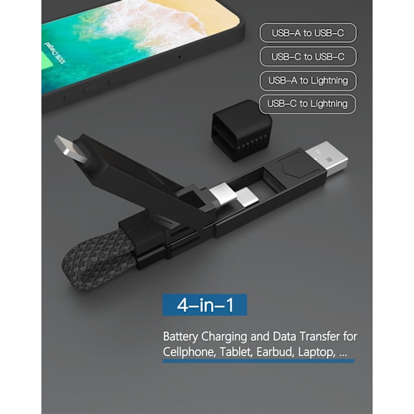4-i-1 PD65W Datakabel Multi USB Laddningskabel: Kort EDC-kabel för Lightning, Typ C och A Red