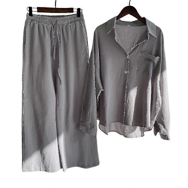 Afslappet 2-delt blusesæt til kvinder, bomuld og linned, langærmet skjorte med knapper + lounge sæt med brede ben, grå Grey 2XL