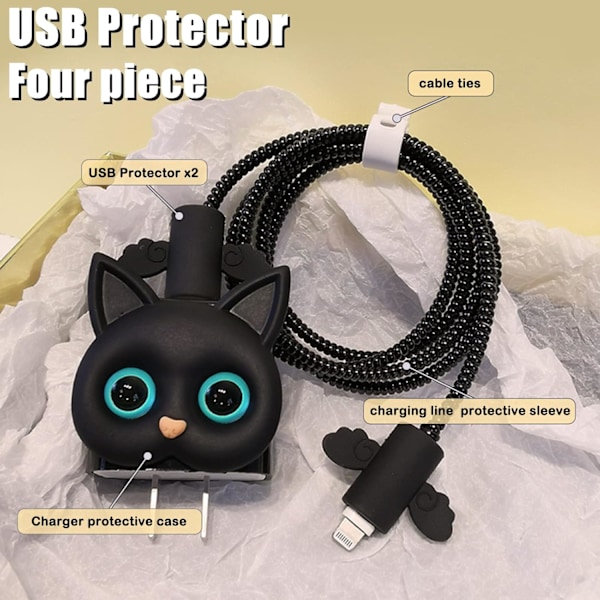 Tegneserie DIY Kabelbeskytter til iPhone Oplader, 3D Kawaii Kat Design, Datakabelbeskytter USB Ledning Ledningsbeskytter Oplader Beskyttelse Kompatibel med iPhone