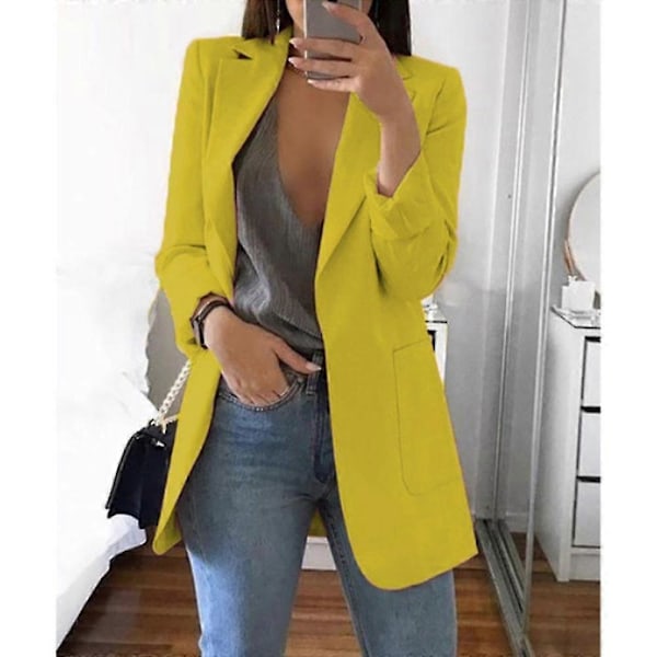 Naisten bleiseri, työ- ja toimistobleiseri, rento pitkähihainen päällysvaate, lonkkapituinen Keltainen Yellow XL