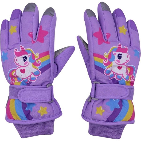Sööt Ükssarvik-Hanskat Lapsille Vedenpitävät Talvihiihtohanskat Fleece-Vuoratut Lumihanskat Lämpimät Termiset Hanskat 3-9 Pojille Tytöille Violetti Purple S