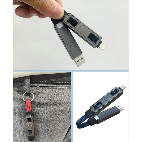 4-i-1 PD65W Datakabel Multi USB Laddningskabel: Kort EDC-kabel för Lightning, Typ C och A Blue
