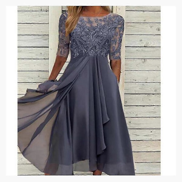 Midi-kjole med blondeapplikasjoner, kort ermet, aftenkjole, avslappet kjole som passer til alt, for bryllup, lilla Purple XXL