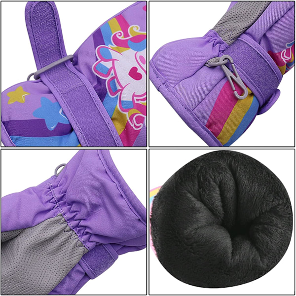 Sööt Ükssarvik-Hanskat Lapsille Vedenpitävät Talvihiihtohanskat Fleece-Vuoratut Lumihanskat Lämpimät Termiset Hanskat 3-9 Pojille Tytöille Violetti Purple S