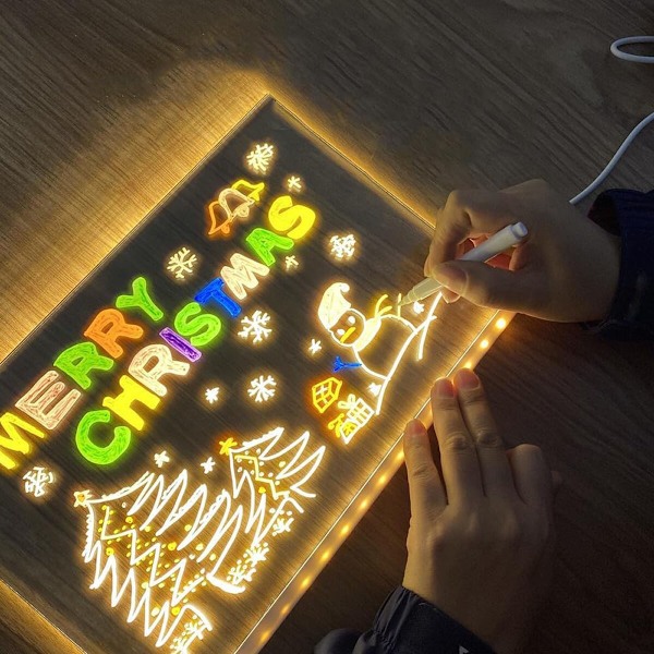 LED-tavle med farver, akryl whiteboard med lys, lysende akryl tavle, oplyst whiteboard med stativ der lyser
