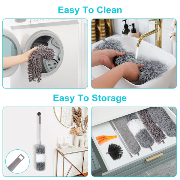 Mikrofiber Støvbørste Uttrekkbar Støvpanne Multifunksjonell Støvsamler for Rengjøring av Høye Tak, Persienner, Møbler, Biler 7pcs