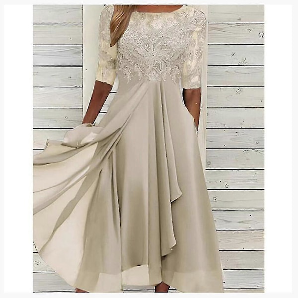 Spetsapplikationsklänning Midi Kortärmad Aftonklänning Casual All Match Klänning För Bröllop Guld Glod XXXL