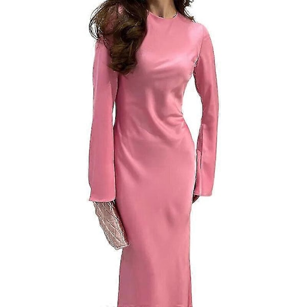 Satengkjole for kvinner, Slim Maxi-kjole med lange ermer, høy midje, elegant ensfarget kjole rosa Pink S