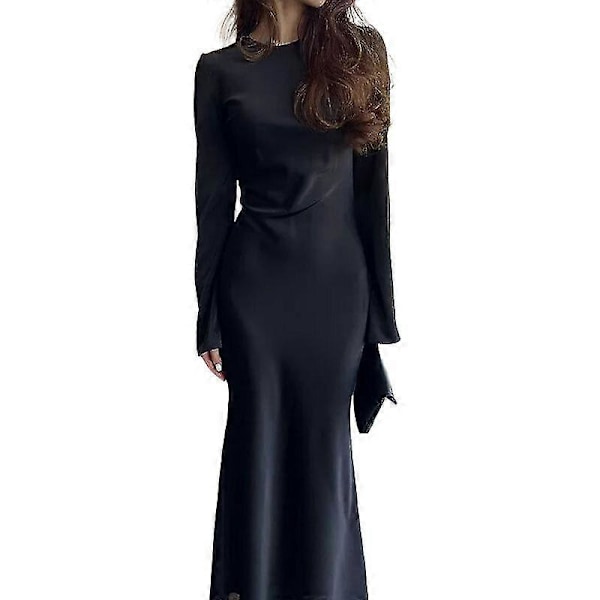 Satengkjole for kvinner, Slim Maxi-kjole med lange ermer, høy midje, elegant ensfarget kjole svart Black L