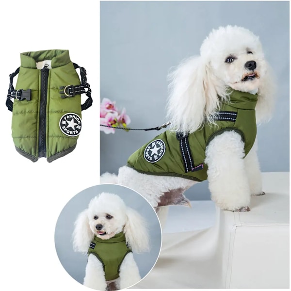 Vinterhundejakke med sele - Hundetøj der holder varmen - Vandtæt - Grøn green i green M