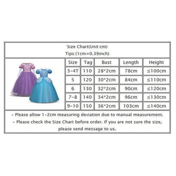 Prinsessa Rapunzel klänning Trasseldräkt + 7 extra tillbehör 110 cm 110 cm one size