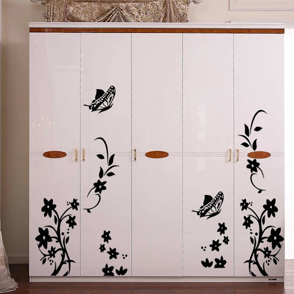 Set med 2 väggdekaler, fjärilar och blommor, väggstickers, svart, självhäftande väggdekaler, väggdekoration för sovrum, vardagsrum