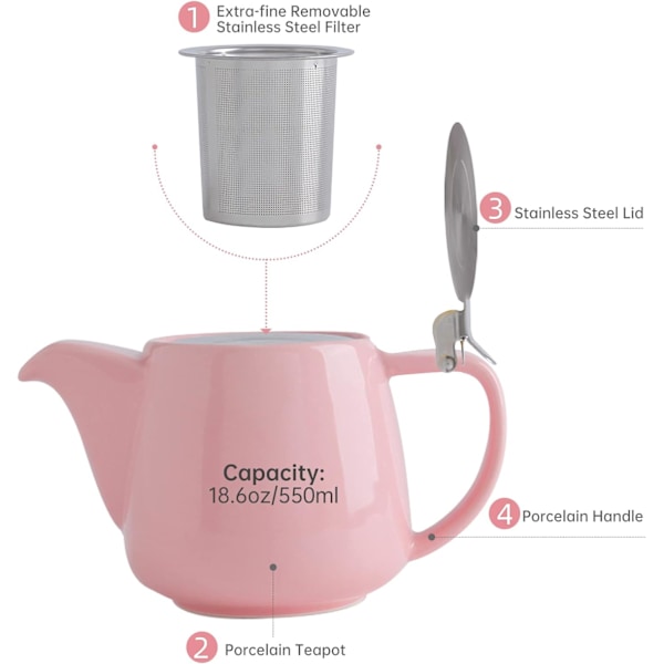Posliininen teepannu SLS-kannella ja irrotettavalla hauduttimella, 550 ml/18,6 oz keraaminen kanto-teepannu kukka- ja irtoteelle Pink