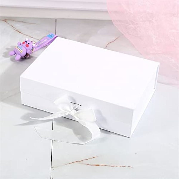 Hvide Magnetiske Gaveæsker med Låg, 265x190x80 mm Store Gaveæsker til Gaver, Luksuriøs Robust Foldbar Pap med Bånd, Magnetisk Lukning ( White