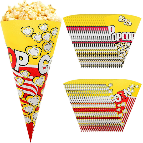 100 stk. Popcorn Papirsposer med Tilspidsede Ender, Kegleformede Slikposer til Popcorn og Slik