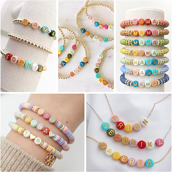 1820 stk. Bogstavperler til armbånd, 28 stilarter Alfabetperler Farverige hjerteperler til armbånd og smykkefremstilling (4x7 mm, farverige og guld) Colorful