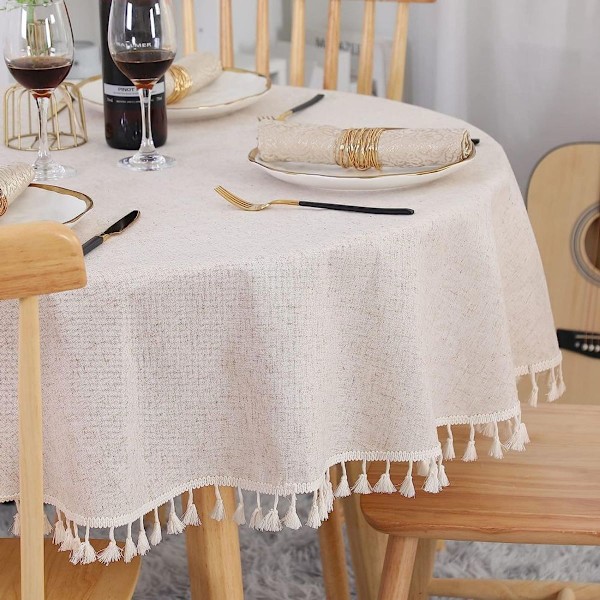 Beige rund duk 150 cm vaskbar linbomullsduk krøllfri KLB