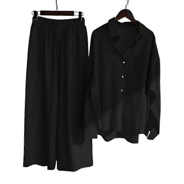 Afslappet 2-delt blusesæt til kvinder, bomuld og linned, langærmet skjorte med knapper + lounge-sæt med brede ben, sort Black XL