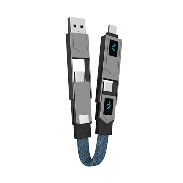 4-i-1 PD65W Datakabel Multi USB Laddningskabel: Kort EDC-kabel för Lightning, Typ C och A Blue