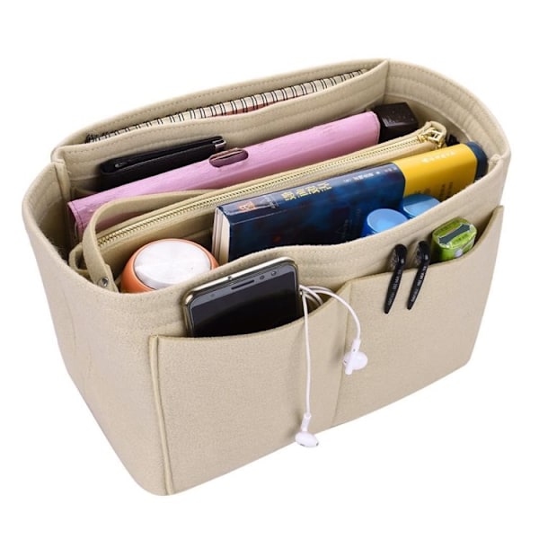 Beige sisälaukku, monitoimitaskuinen huopalaukku, 26*13*16cm