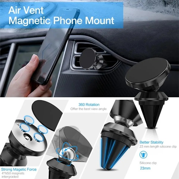 Magnetisk biltelefonholder til Iphone Samsung S10 GPS 360 graders navigation luftventilholder til mobiltelefon i bil. Silver