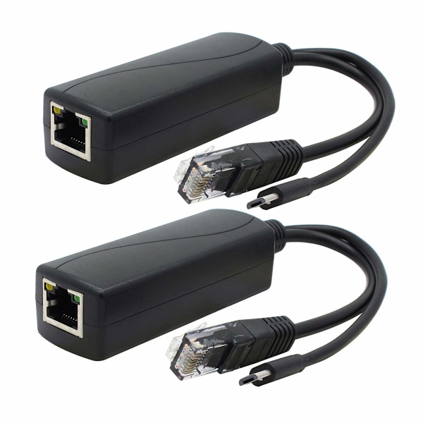 2-pack Gigabit PoE-splitter, 48V till 5V 2.4A Micro USB Ethernet-adapter, Fungerar med Raspberry Pi 3B+, IP-kamera och mer
