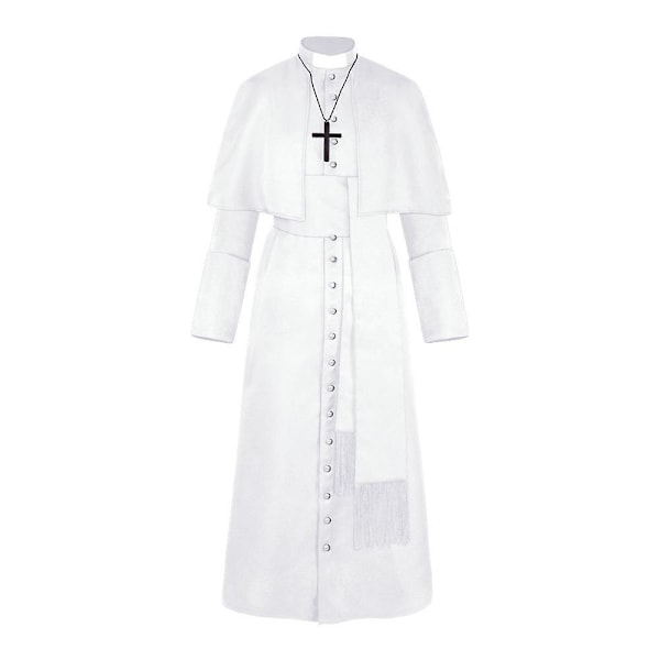 Enfärgad prästkostym medeltida retro cosplay-kostym med korshalsband (svart) vit white xl