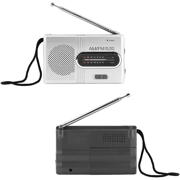 Bärbar Radio, FM-radio med 2 AA-batterier (ingår ej), Miniradio med inbyggd högtalare, Silver