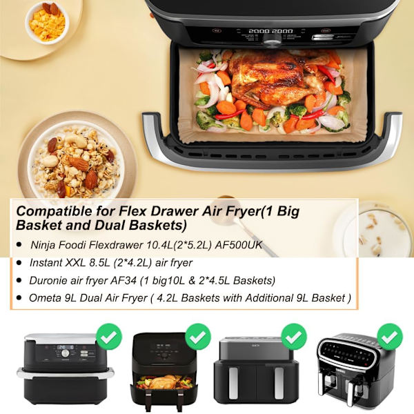 Bakepapir for Ninja Air Fryer 10,4L, 150 stk Air Fryer tilbehør for Ninja 10,4L AF500EU AF500EUCP, Papir for Ninja Foodi Flex 10,4l