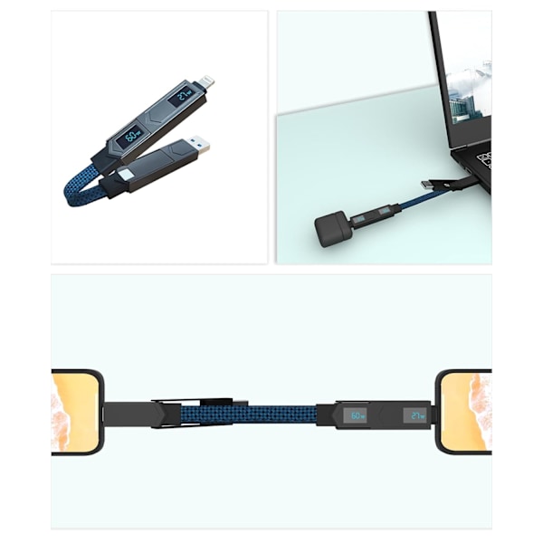 4-i-1 PD65W Datakabel Multi USB Laddningskabel: Kort EDC-kabel för Lightning, Typ C och A Blue